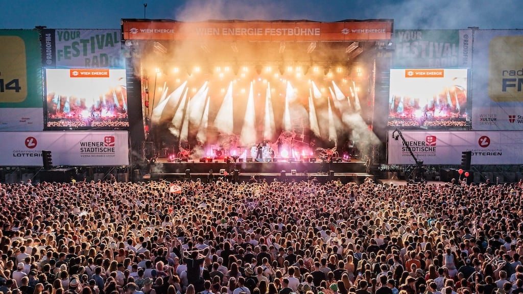 Crowds at Donauinselfest Vienna main festival stage on Danube Island
