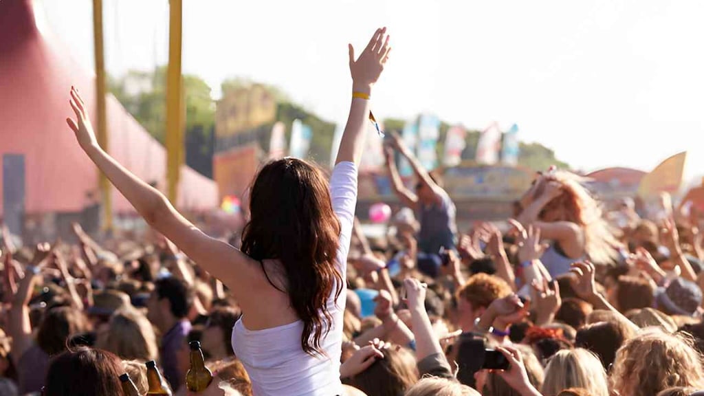 Aerial view of Donauinselfest stages stretching along the Danube in Vienna
