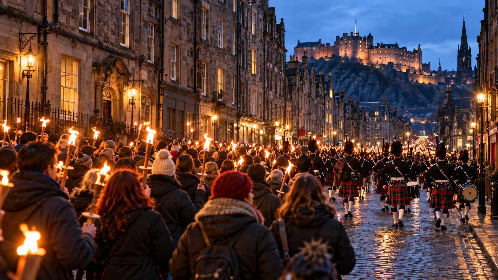 Portadores de antorchas y gaiteros recorren el casco antiguo de Edimburgo al anochecer.