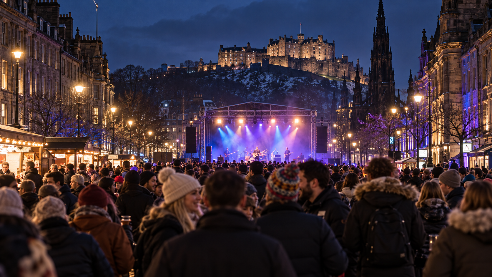 Un público con ropa de invierno contempla un escenario de música en directo en Princes Street.