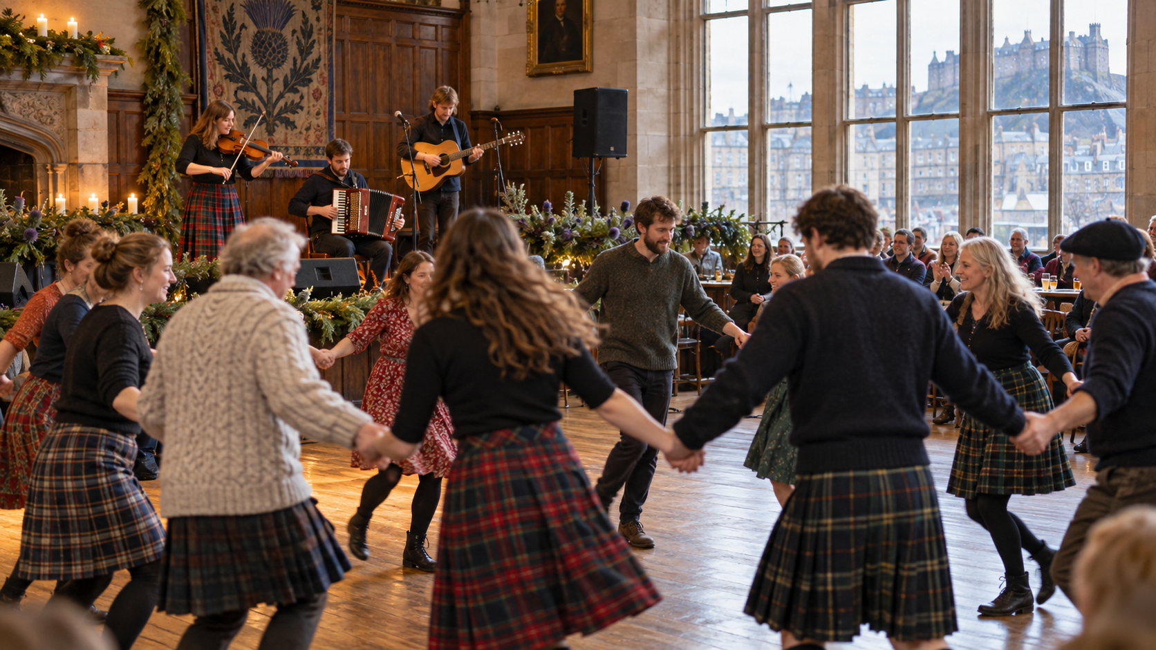 Músicos folk tocan mientras varias personas se unen a un ceilidh en un espacio interior.
