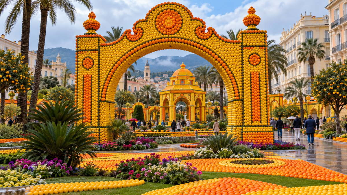 Illustration eines mit Zitrusmustern gestalteten Bogens in einem Festgarten von Menton