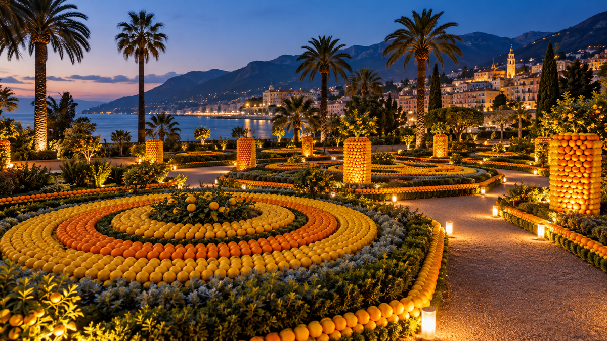 Illustration einer beleuchteten Zitrusinstallation in Menton bei Dämmerung