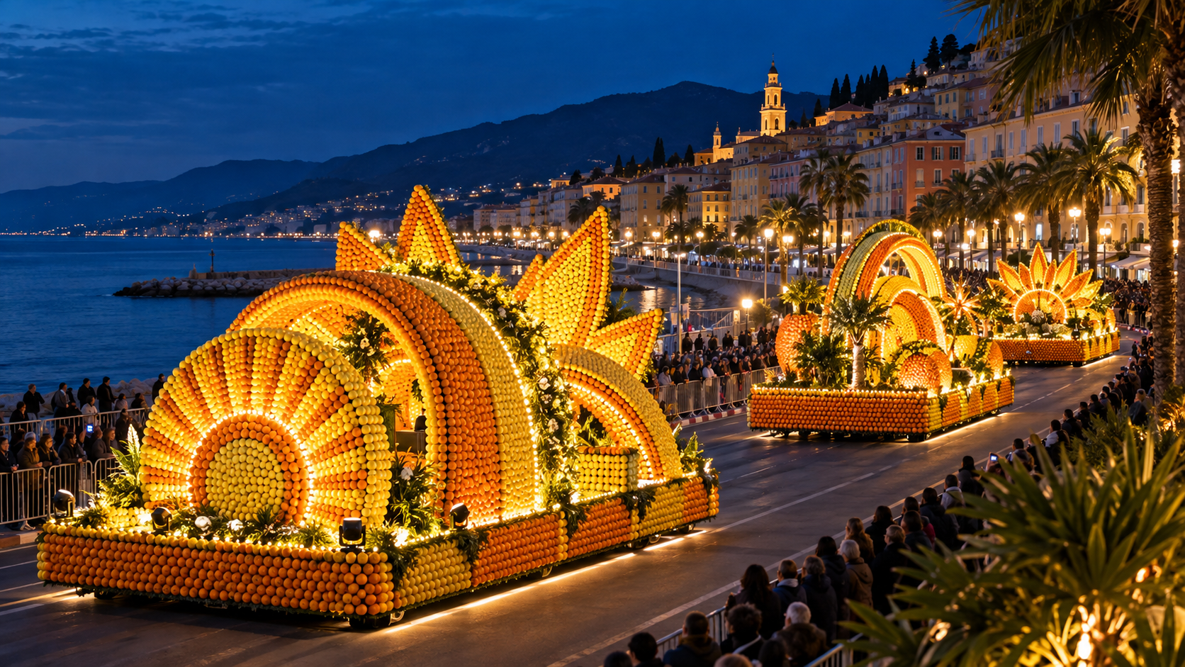 Illustration abstrakter Zitruswagen an der Uferpromenade von Menton bei Nacht