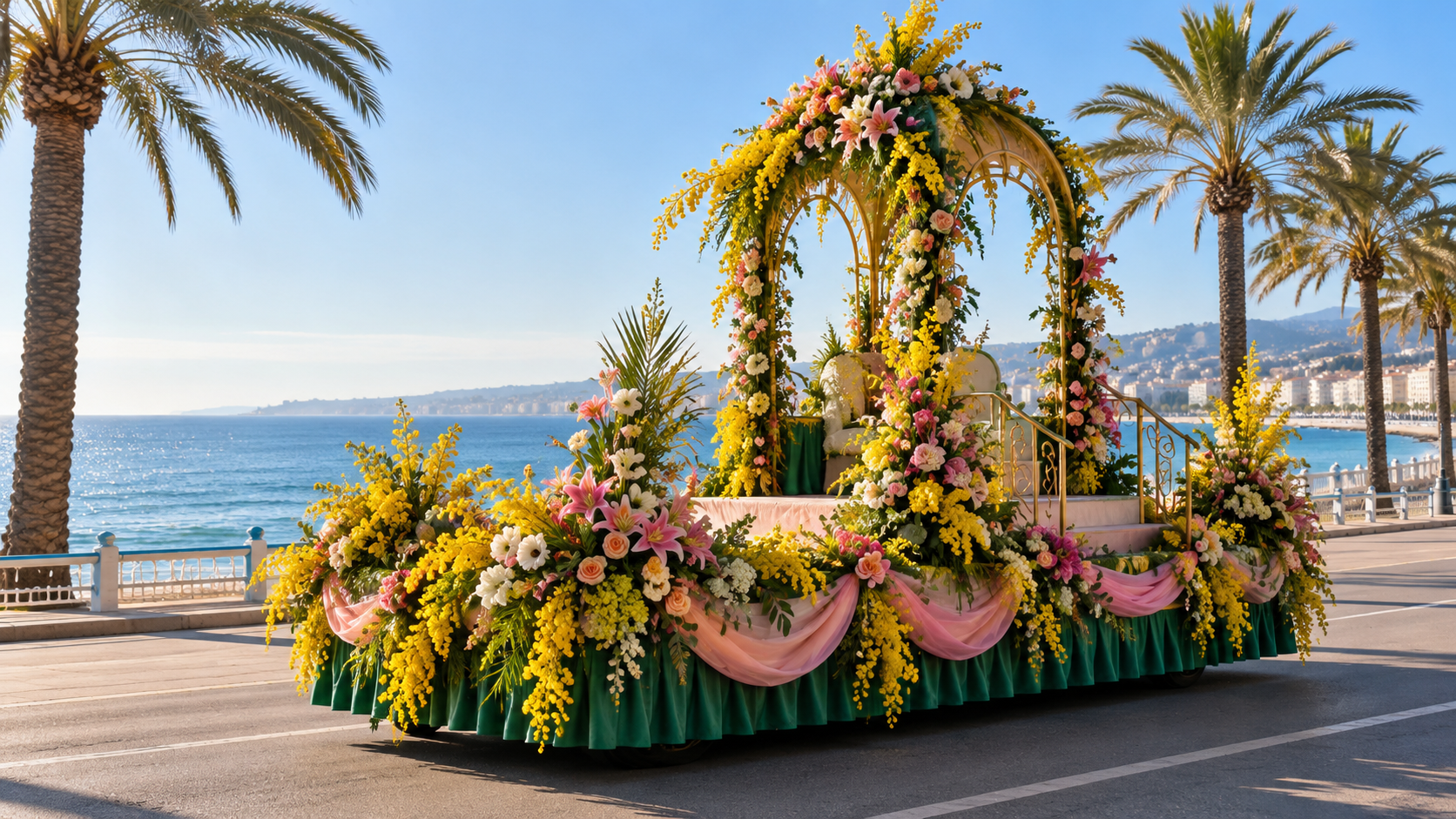 Ein blumengeschmückter Wagen auf der palmengesäumten Promenade des Anglais am Meer