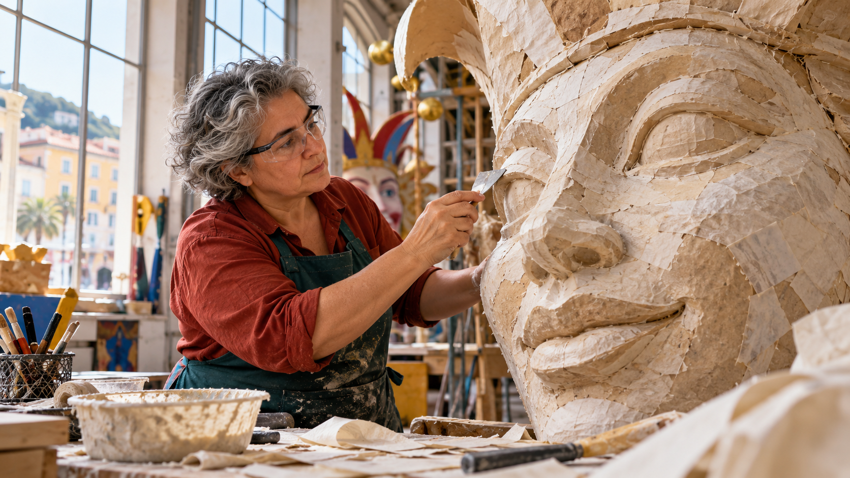 Eine Kunsthandwerkerin gestaltet in einer Werkstatt in Nizza eine große Pappmachéfigur