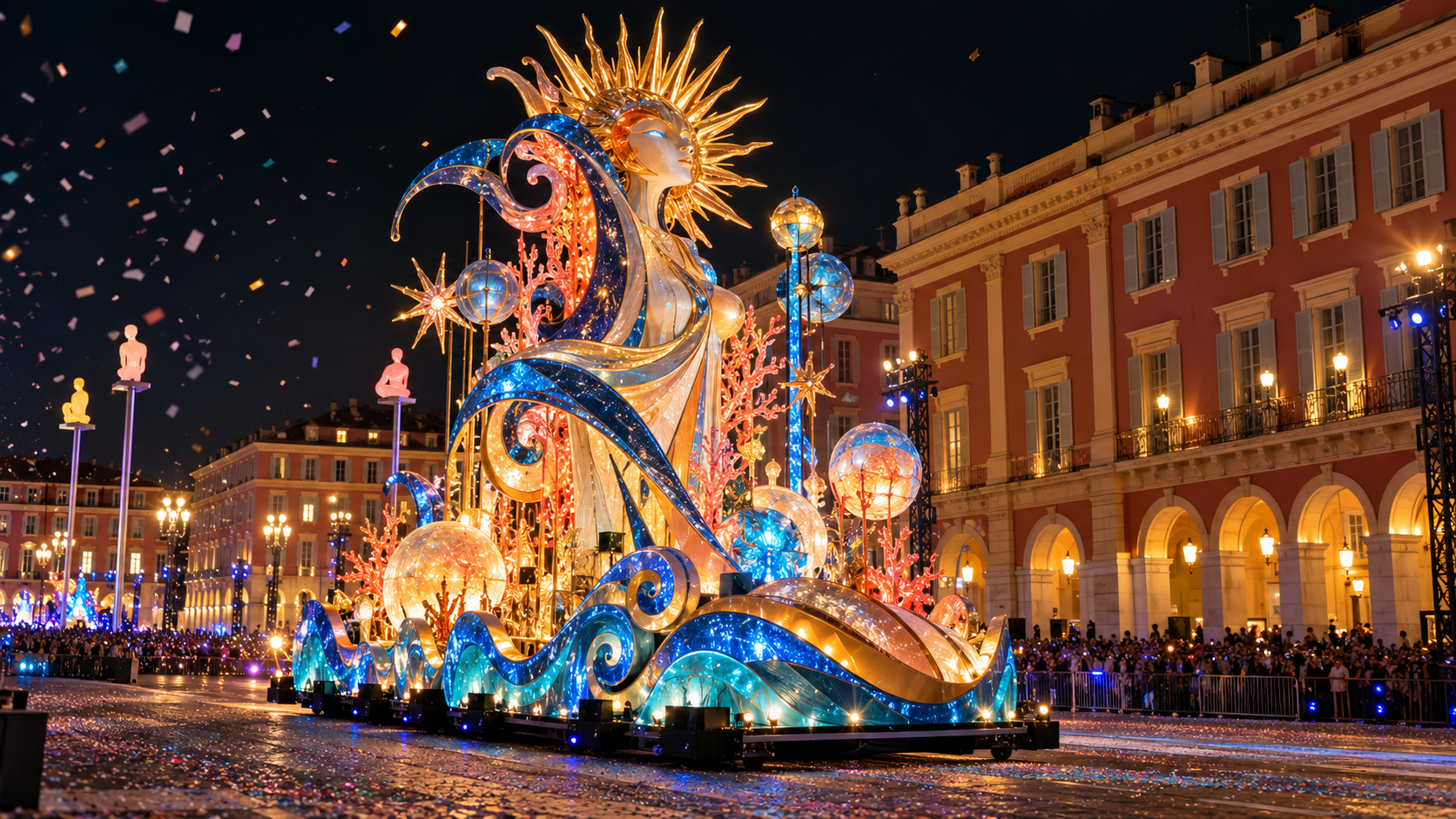 Ein beleuchteter Karnevalswagen zieht nachts über die Place Masséna, dahinter steht das Publikum