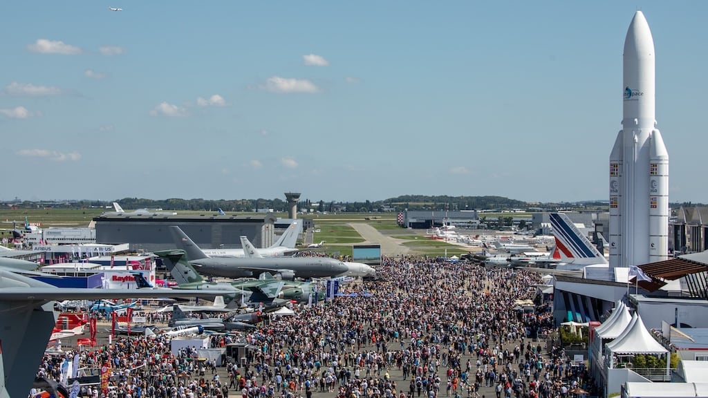 Crowds watching the spectacular daily flying display at the Paris Air Show