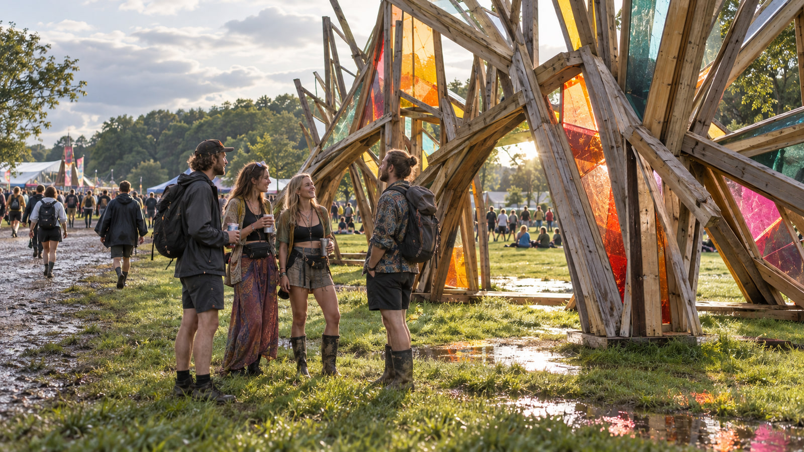 Visitantes se reúnen junto a una instalación artística al aire libre