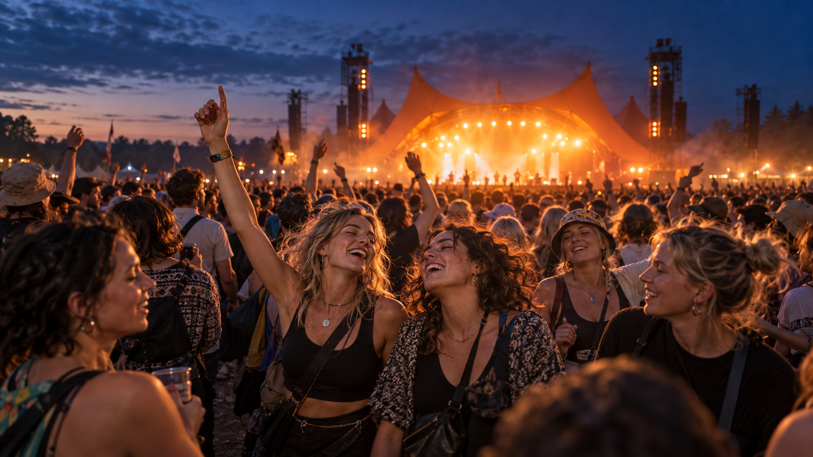 Dos mujeres disfrutan de un concierto al atardecer entre el público