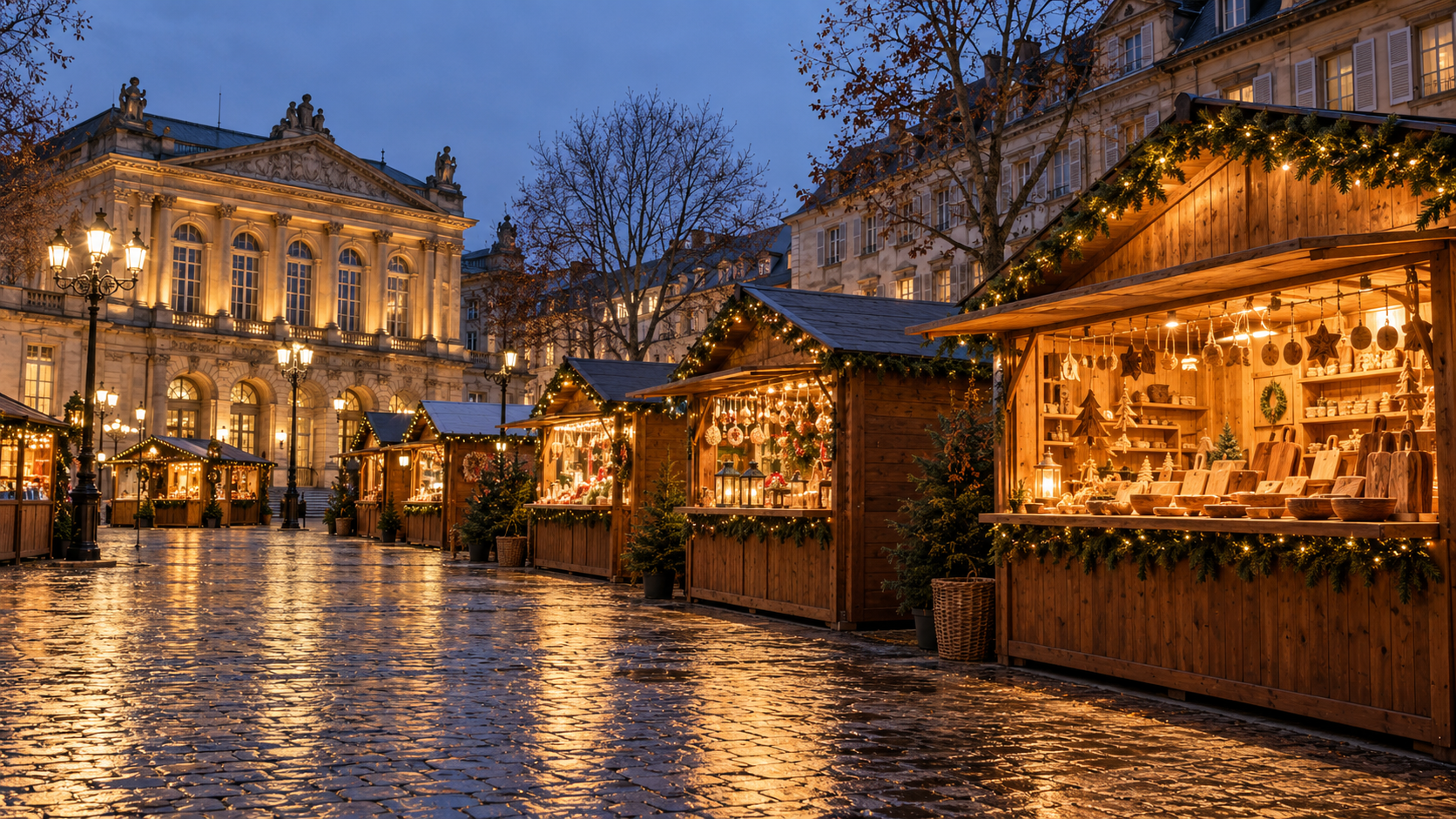 Les chalets en bois du marché place Broglie illuminés à la nuit tombée