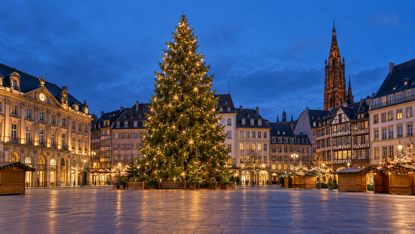 Le Grand Sapin et les chalets place Kléber à l’heure bleue