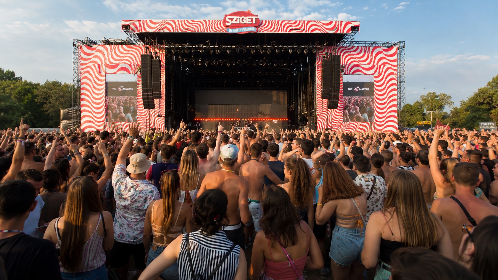 Crowds dancing at Sziget Festival main stage on Óbuda Island Budapest