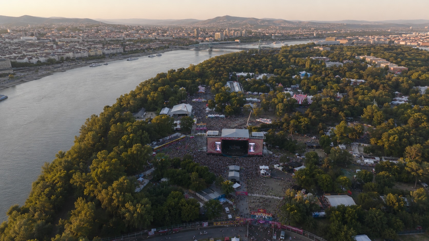 Aerial view of Sziget Festival stages Danube river Budapest