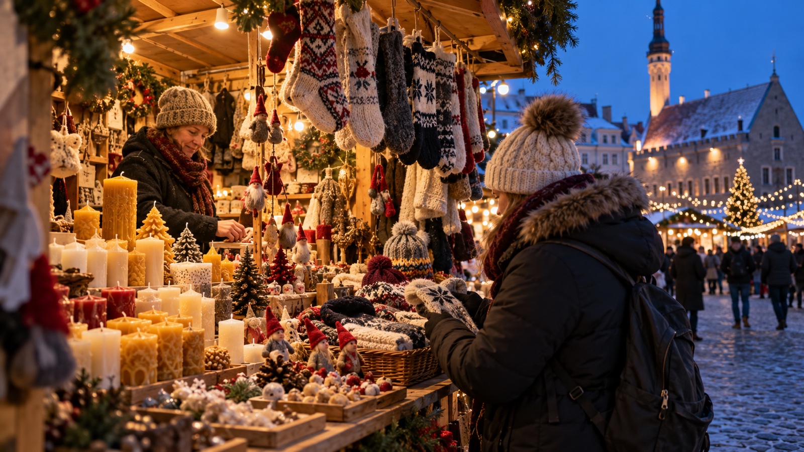 Handgemachte Kerzen und Wollwaren an einem hölzernen Weihnachtsmarktstand