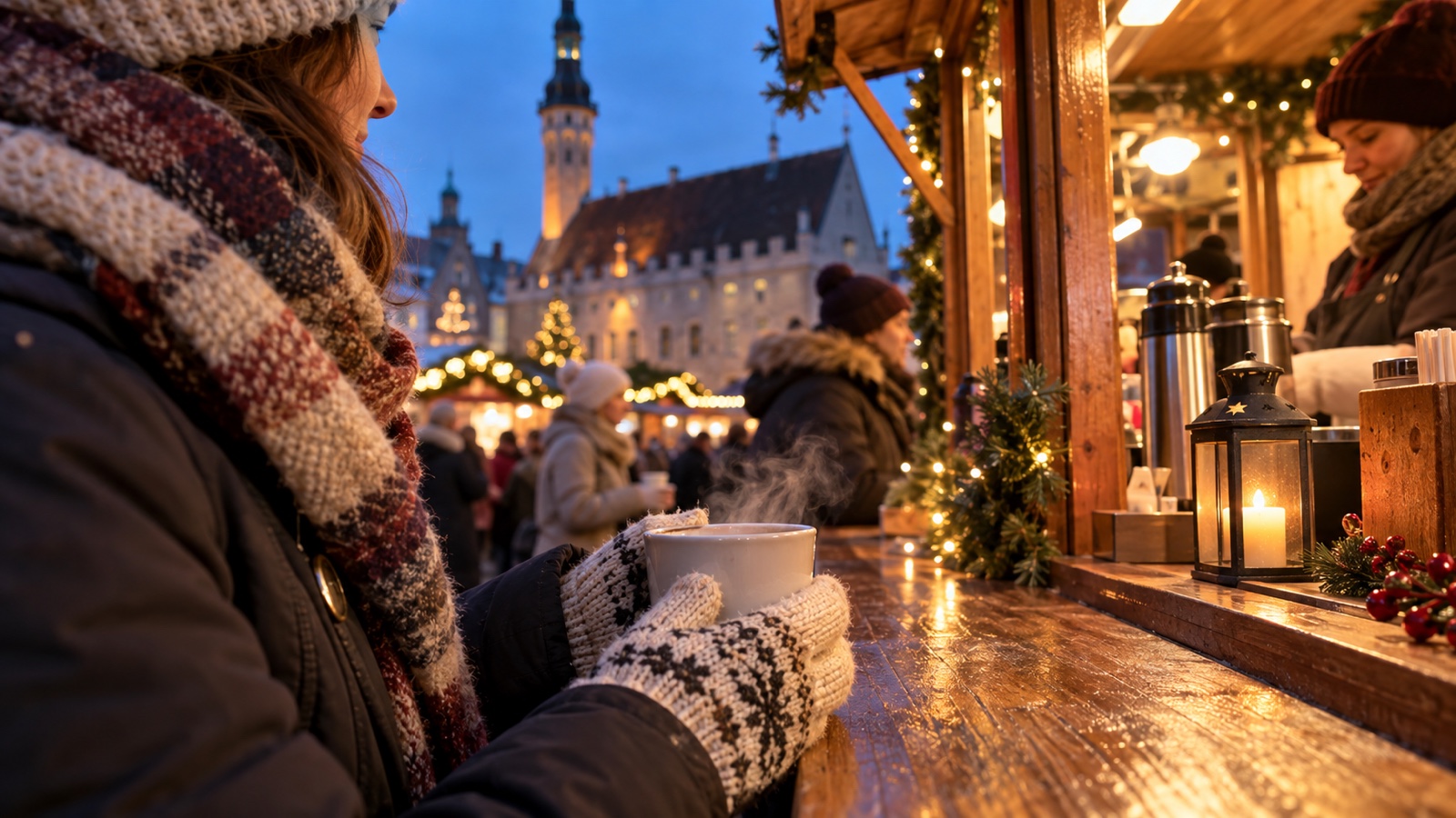 Ein Besucher wärmt sich auf einem Wintermarkt mit einem heißen Getränk die Hände
