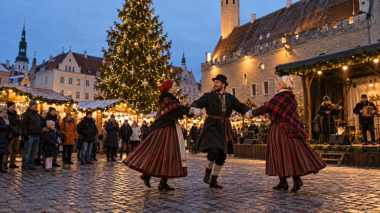 Folkloretänzer treten neben dem beleuchteten Weihnachtsbaum für Besucher auf
